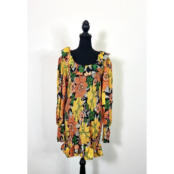 FARM Rio Black Garden Lenzing Dress in Yellow Floral Print Size XL Midi Summer - Picture 1 of 5